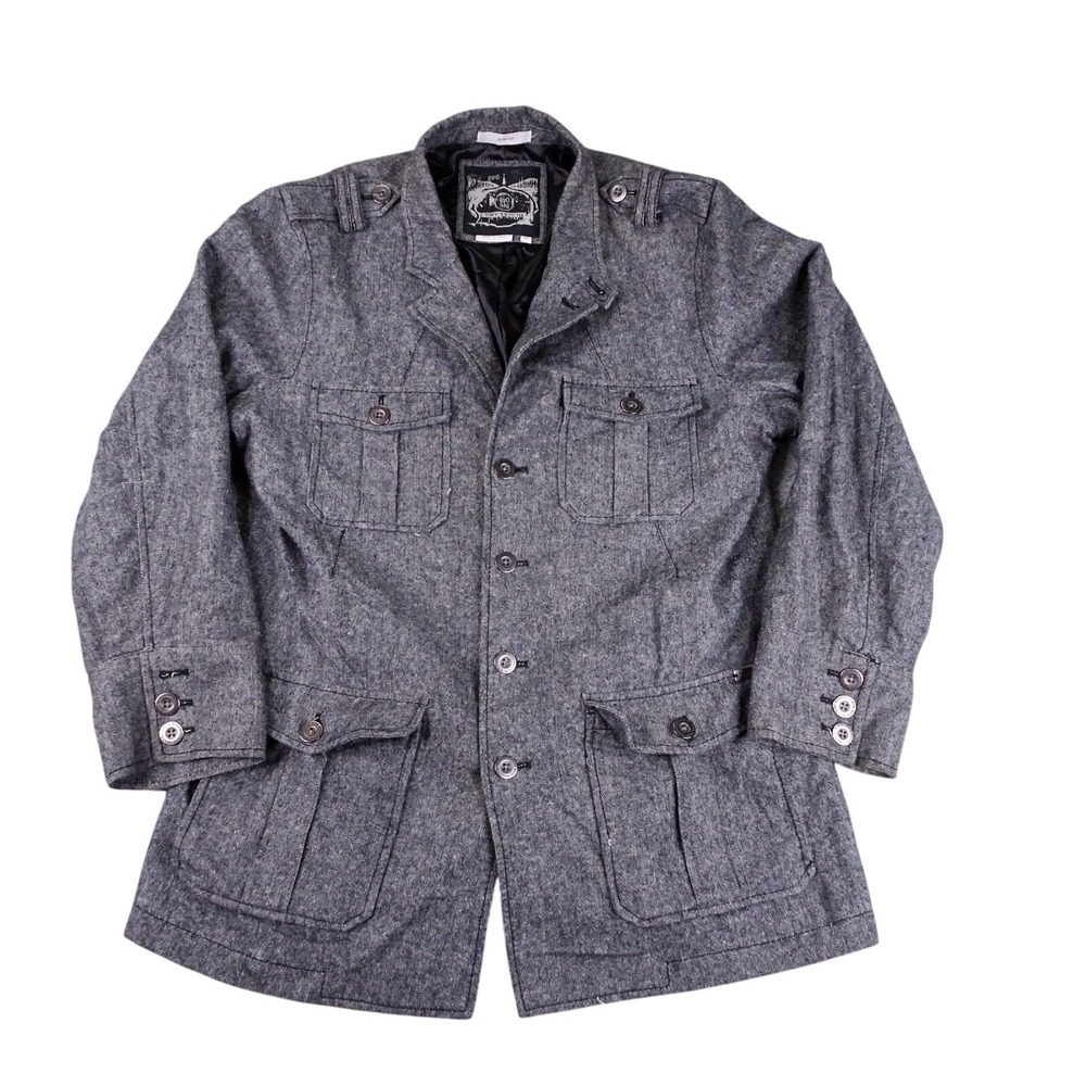 Buckle Black Label No 48 Mens Large Military Jacket Gray Tweed Lined‎ Slim Fit
